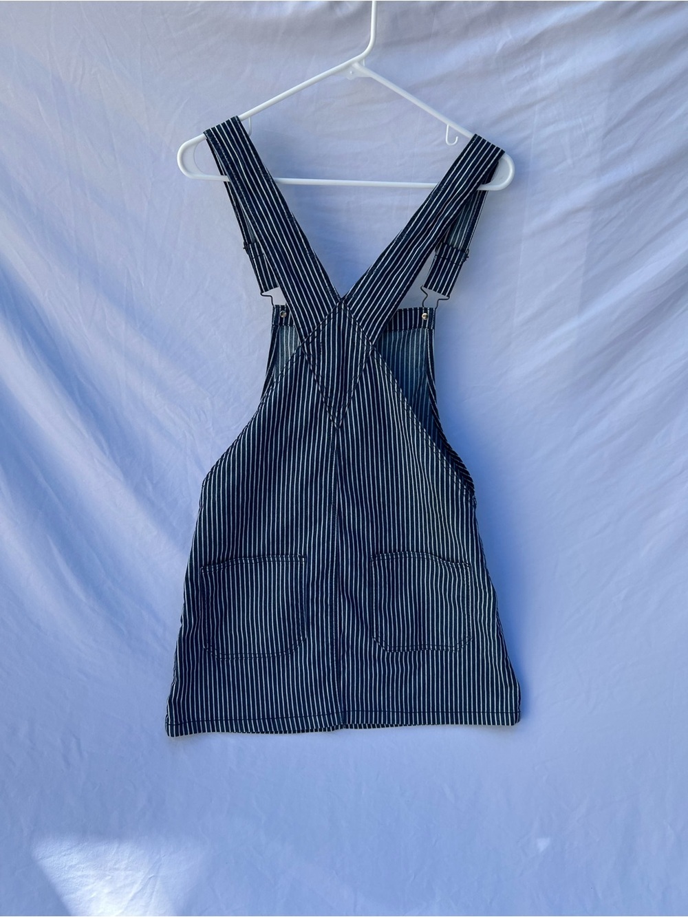 Striped Denim Pinafore Dress - Navy/White overalls with pockets schoolgirl